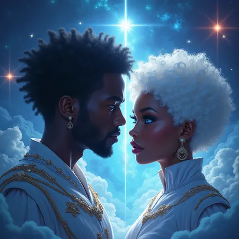 Coverbook : a black man and a multiracial woman with beautiful detailed blue eyes, short curly white hair, deities in the galaxy, realistic, real people, photorealistic, hyper detailed, dramatic lighting, cinematic, volumetric lighting, god-like, ethereal,...