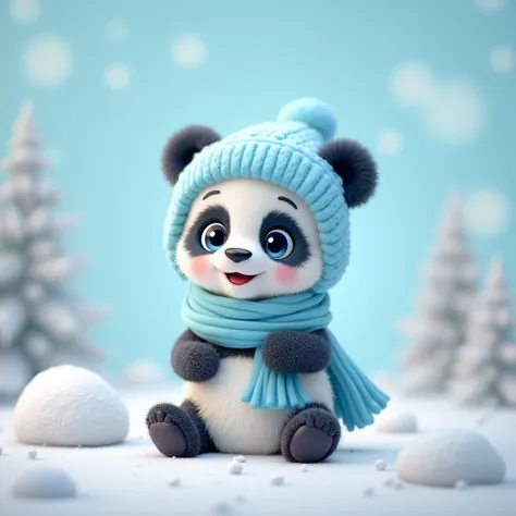 3d a cute litte panda on snow. Him have a blue snow hat and  scarf. Very cute photo on blue/light blue background