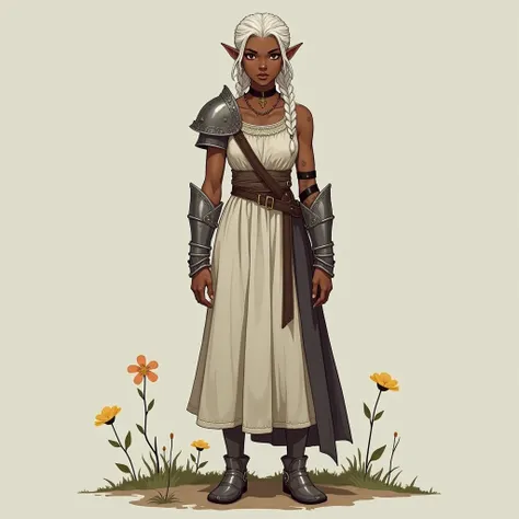 Young nordic woman with black skin her feet are stepping on the ground, birthmarks on the arm and pointy ears, Amber eyes and braided white hair , The clothes are a balanced mix between a simple dress and light RPG-style armor