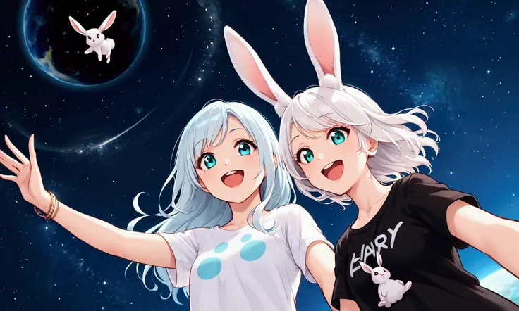 2girls, from below, white hair, aqua eyes, happy, hat, rabbit ears, t-shirt, casual, bracelet, space