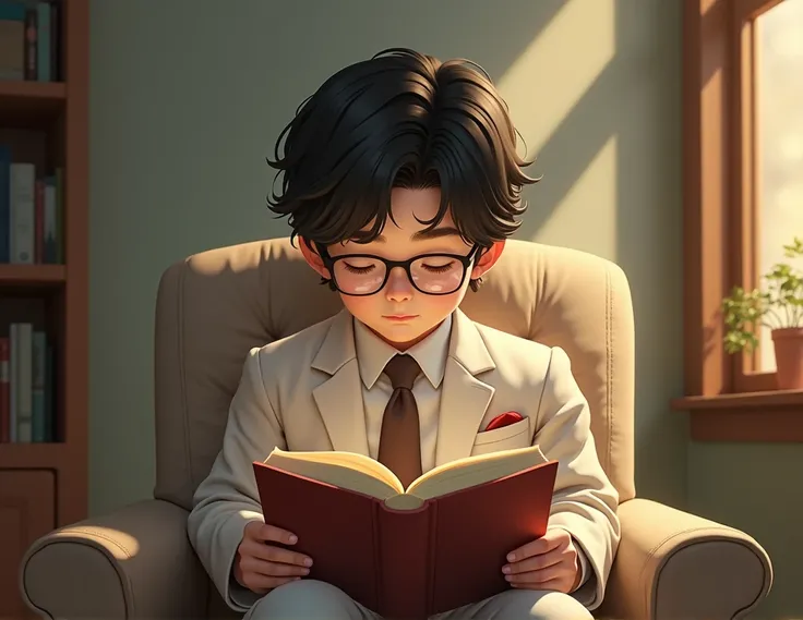 Create a full-bodied semi-Asian boy in a light caleste suit with his half-long wavy hair and glasses sitting there reading 