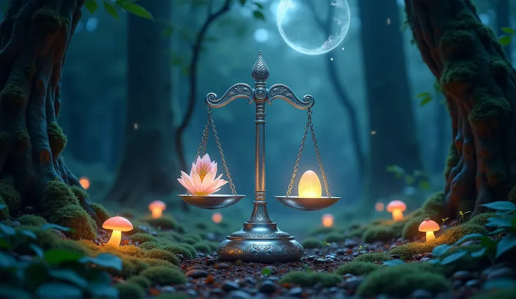 Main Scene Description
A grand silver balance rests in the center of a glowing forest clearing, its scales holding a blooming flower on one side and a glowing, enchanted stone on the other. The balance is surrounded by ethereal vines and glowing orbs of li...