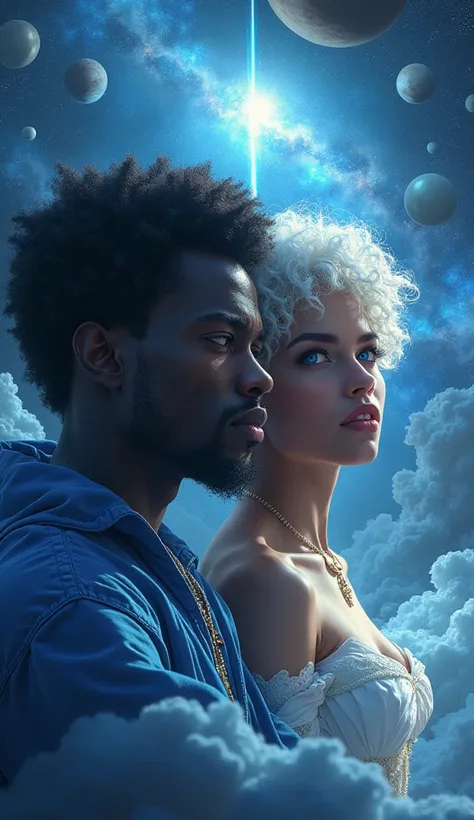 Coverbook : a black man and a multiracial woman with beautiful detailed blue eyes, short curly white hair, deities in the galaxy, realistic, real people, photorealistic, hyper detailed, dramatic lighting, cinematic, volumetric lighting, god-like, ethereal,...