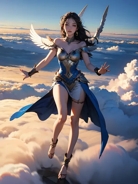 (Translator:.95), ((High angle shot of a beautiful Valkyrie woman floating above the clouds))、 full body shot、 glamorous 、 Stephen Kostic &#39; style , realistic skin texture ,(  Winged Helmet:1.1), (Valkyrie Armor:1.2), 1 / 2. Body Crop, 85mm Art Lens , f...