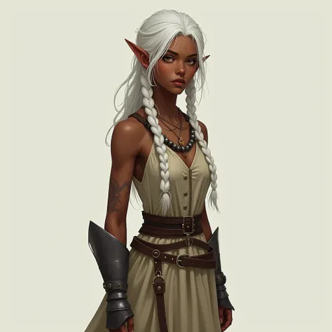 Young nordic woman with black skin her feet are stepping on the ground, birthmarks on the arm and pointy ears, Amber eyes and braided white hair , clothes are a balanced mix between a simple dress and light armor.