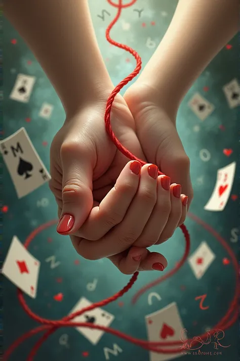 Create a book cover where two hands are intertwined around there is a red thread in the background there are cards flying letters written in the background pink and the hands have only five fingers. That is fantasy, not very realistic.