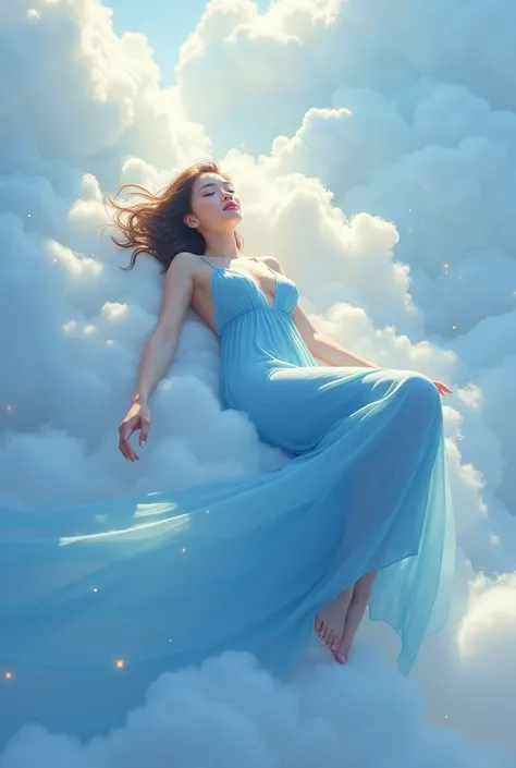 Woman lying in the clouds wearing blue dress