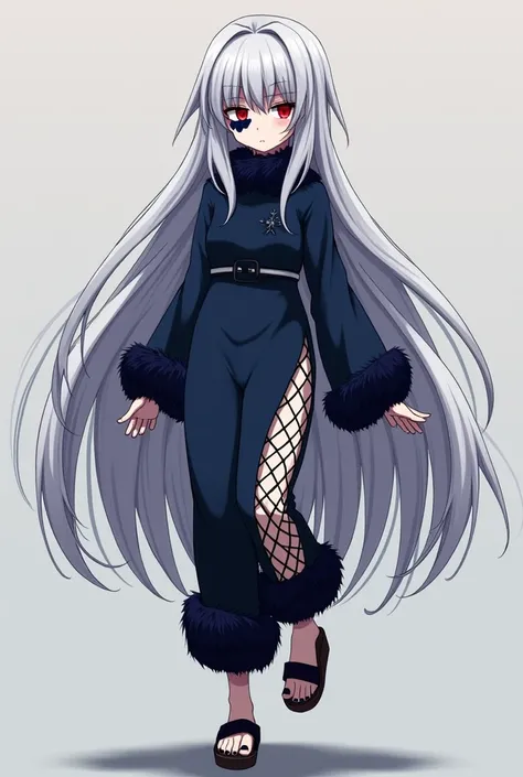 The character depicted in the image has a striking appearance with long, flowing, silver-white hair cascading down to their legs. Their outfit is dark blue, adorned with fur details on the cuffs, collar, and the bottom of their pants, giving a regal and my...