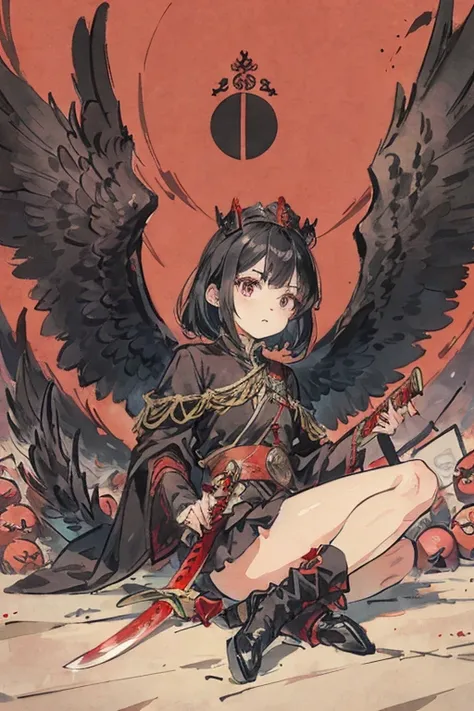 An anime girl sitting in front 
With a black crown
on a pile of red skulls
With small-sized black wings holding a long-bladed sword