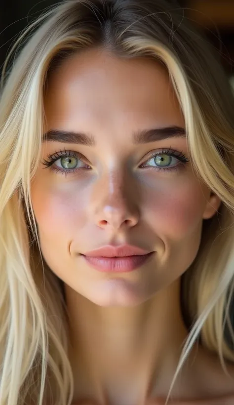 fille blonde style suédoise avec belle lèvre réaliste et yeux vert et visage dégagé et le plus réaliste possible et fille adulte, qui a environ 20 ans avec de beaux traits et un teint de peau bronzée et un visage fin et un résultat le plus réaliste possibl...