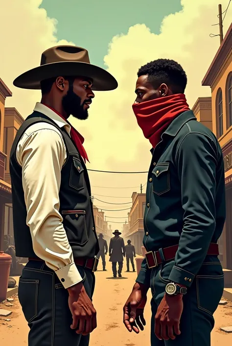 An illustration of a poster for a bookmaker called "AlteriaMax". The poster features a Face off between a cowboy named Wyatt McCallister and a Black men young gang member named Renoi Solide. The cowboy is wearing a white shirt, a vest, and a hat, while the...