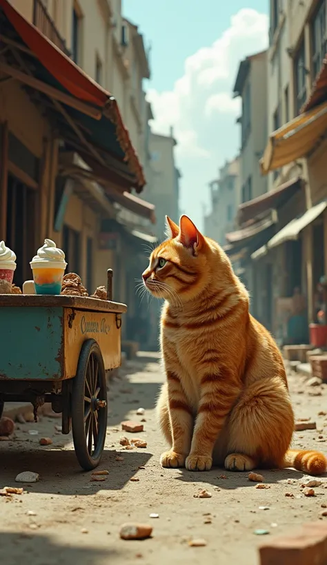  The huge orange cat sits next to the ice cream cart in an old neighborhood, where narrow streets are full of dirt and scattered bricks, and old demolished buildings give a feeling of isolation and ruin.  The cat, who wears torn clothes and looks neglected...