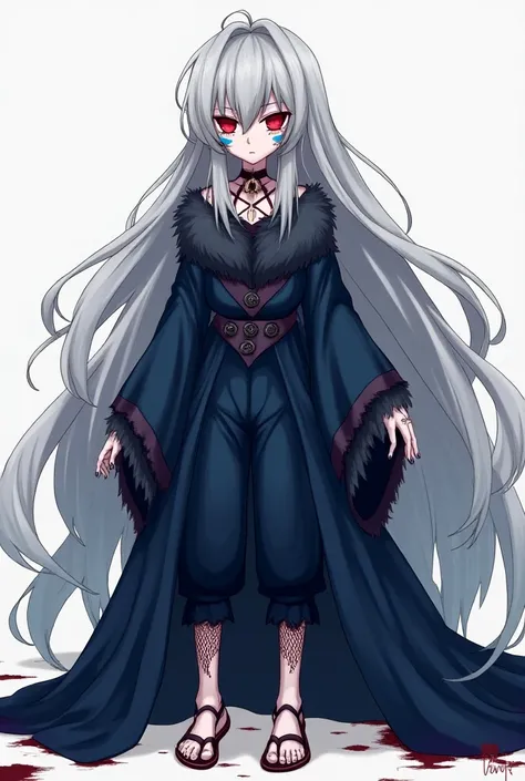 The character depicted in the image has a striking appearance with long, flowing, silver-white hair cascading down to their legs. Their outfit is dark blue, adorned with fur details on the cuffs, collar, and the bottom of their pants, giving a regal and my...