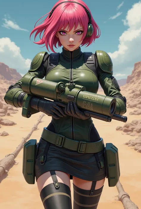 multiple rocket artillery、 Dracula Girl、Bob Hair、Nazuna-chan 、uniform、 tight skirt、Pink hair、 headset 、Near future、desert、