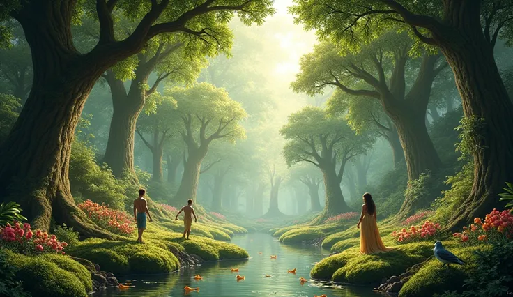 A lush, green garden with Adam and Eve, surrounded by beautiful trees, rivers, and animals. This can represent the beginning of the Bible story, setting the tone for the journey ahead. You might show Adam and Eve interacting with the natural world, symboli...