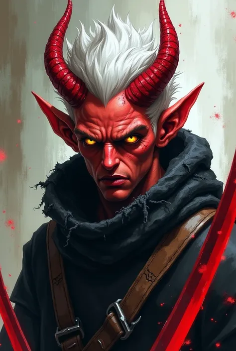  Make an image for a medieval fantasy role-playing character , Do it in the drawing style , um tiefling homem jovem, He has faded red skin ,  yellow eyes , red horns,  an aura psychopathic expression on his face ,  he has spiky white hair , He is a killer,...