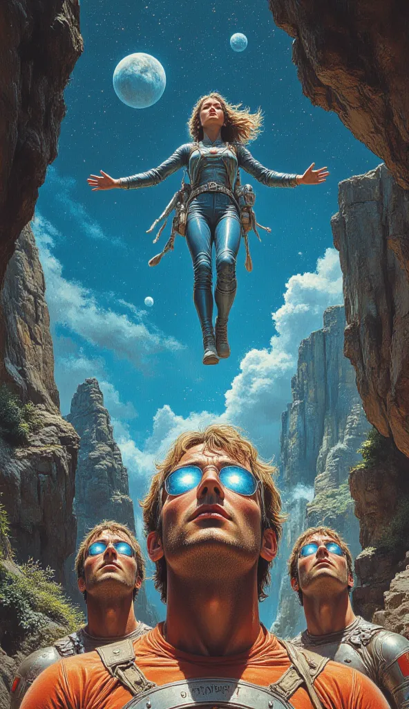 80s vintage pulp sci-fi magazine cover of a blue female space traveler floating above the heads of three male figures, in the style of a vintage sci-fi book cover illustration, male figures eyes glow white like sunbeams