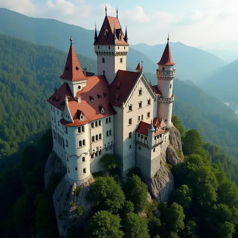 
A Different Aerial Shot of Bran Castle:

A different aerial shot of the imposing Bran Castle, this time from a hillside that accentuates its majestic presence. The tallest central tower rises approximately 30 meters, while the remaining towers range betwe...