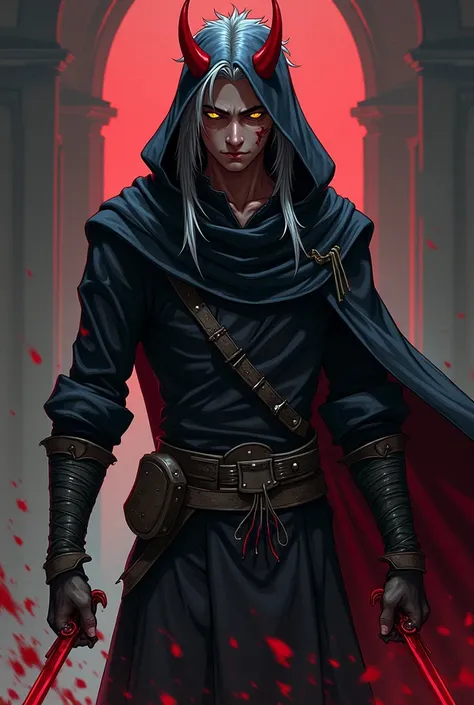  Make an image for a medieval fantasy role-playing character , Make it anime style, um tiefling homem jovem, He has faded red skin ,  yellow eyes , red horns,  an aura psychopathic expression on his face ,  he has spiky white hair , He is a killer,  he wea...