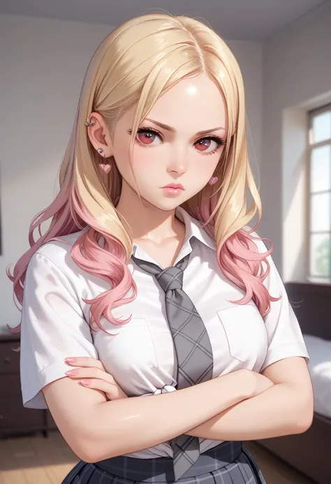 1girl,marin Kitagawa, portrait, blonde, masterpiece, best quality, highres, upper blodie, (from front), 1 girl, blonde hair, long hair, hq, straight hair, pink hair tips, red eyes, piercing in ear,sexy and alluring school uniform, white shirt, tied shirt, ...