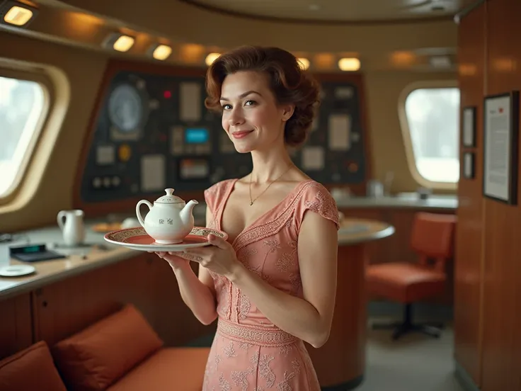 lovely 1960s star trek dress mother-in-law posing sweetly holding tea serving tray in classic enterprise star ship living room