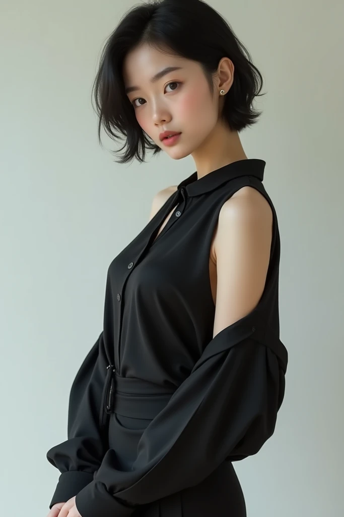 Pretty girl white short haired beautiful Korean face 
Sexy sexy normal body with skirt and shirt all black