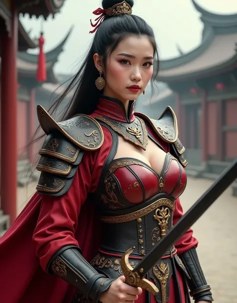  Very detailed, whole body , Glossy lips,  high definition face and skin texture,  detailed eyes,  shiny skin ,  huge boobs next to the side of the road, asian background, Pretty makeup, Angle front, Muscular body, 1 female in her 20s ,  An ancient Chinese...