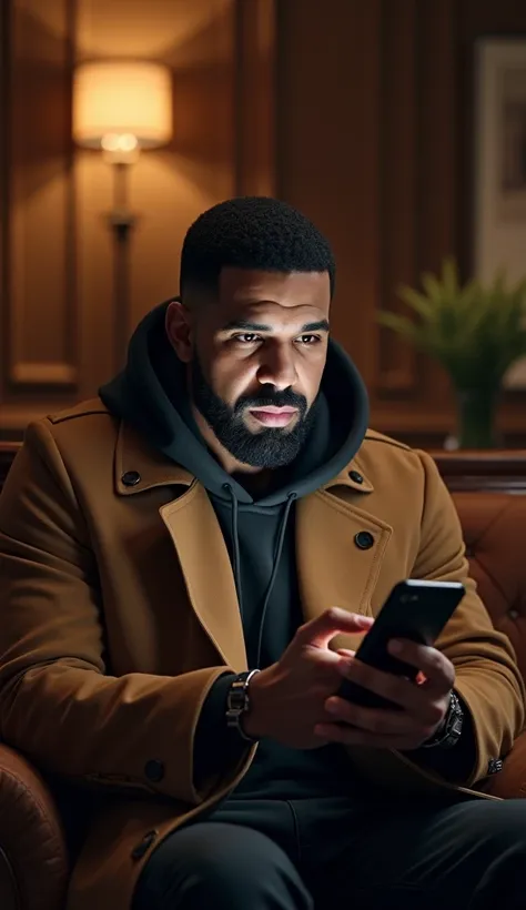 Real life rapper Drake stylish modern attire, looking at a sports betting app on his phone with a shocked expression. The background features a lavish room with muted lighting.
