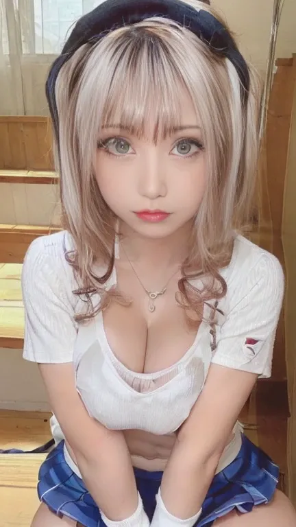 photorealistic perfect body、Super best image quality、Realistic super high quality、Super high quality face、(japanese woman:1.4)、(huge breasts:1.5)、(cleavage:1.5)、(high school girl uniform:1.5)、( super mini skirt:1.5)、(look at the socks:1.4)、narrow waist、(bl...