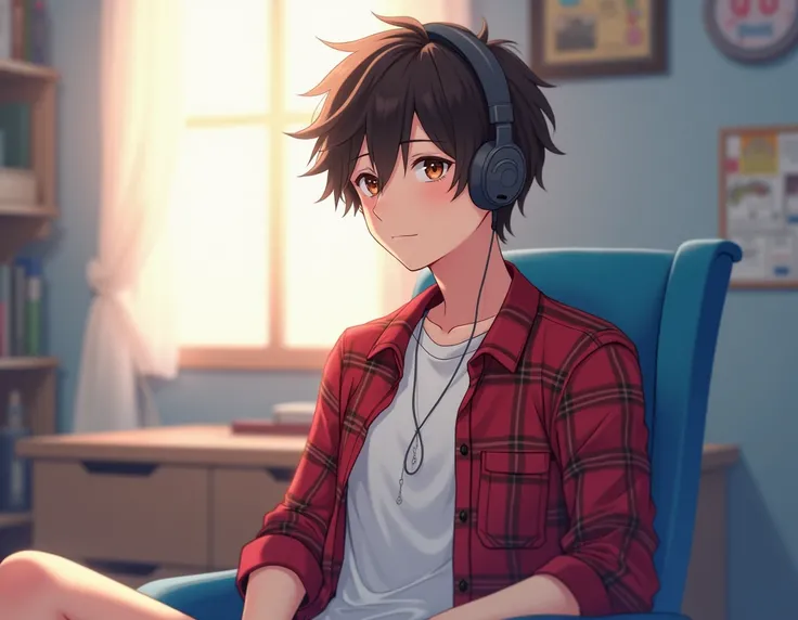  an 18-year-old anime student boy with dark brown hair and light brown eyes. White clothes under the red plaid blouse with the mascara color close over the mouth, A gamer headset in the ear is sitting in the bedroom on the blue plastic chair 
