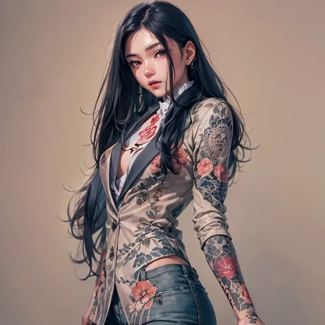 Create an image of the most stunningly gorgeous beautiful feminine young Korean yakuza, Korean yakuza tattoos, long flowing black hair, light makeup, lip gloss, stunningly gorgeous beautiful feminine face, perfect hour glass body figure, perfect breast, su...