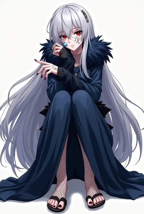 The character depicted in the image has a striking appearance with long, flowing, silver-white hair cascading down to their legs. Their outfit is dark blue, adorned with fur details on the cuffs, collar, and the bottom of their pants, giving a regal and my...