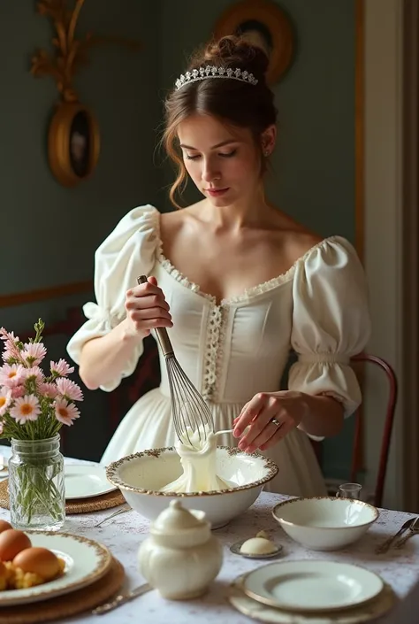 woman is whip egg whites in the bowl, ((realism)), delicius ,on the table, the Victorian era