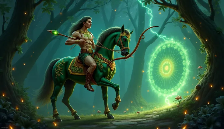 Main Scene Description
An elegant centaur with an emerald-green equine body stands amidst an enchanted forest. His human torso is decorated with intricate patterns of glowing vines and leaves, and his bow is crafted from ancient wood with golden inlays. Hi...