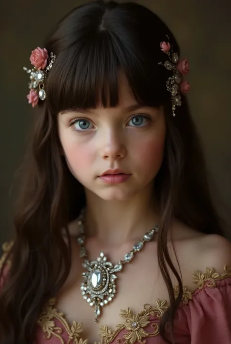 a beautiful twelve years old european noble girl, with vivid blue eyes, mouth agape, long STRAIGHT dark brown hair with bangs, wearing haute couture dress, wearing accesories on her hair, and big diamond jewel brooch, pernas lindas.