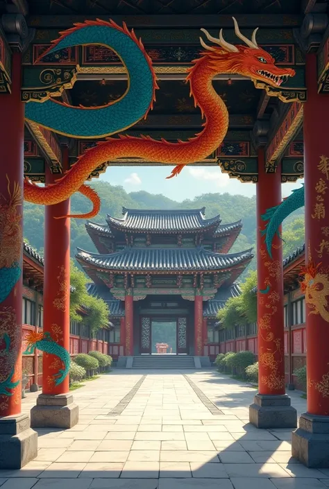  anime image. When you enter the temple, you find a spacious courtyard surrounded by stone pillars carved with ancient mythology and Japanese writings. The roof of the temple is decorated with elaborate paintings depicting dragons in bright colors, intertw...