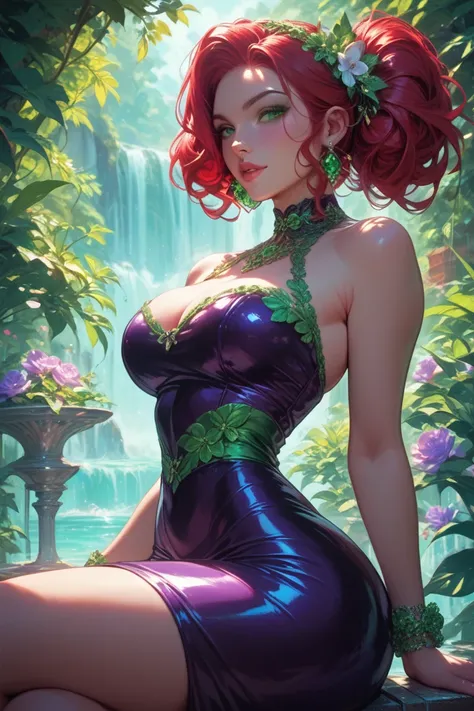 An extremely beautiful young man with huge boobs gigantic ass good waist crimson red hair green jade green eyes tight purple dress are her seductive look in a well-detailed paradise without errors with different items of clothing