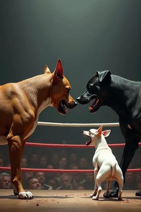 pitbull terrier, black lab mix fighting a white Chihuahua in a boxing ring