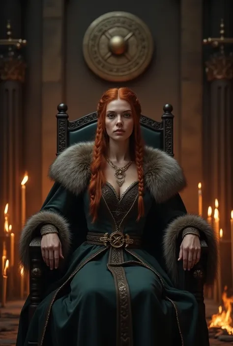 a young and noble viking woman, 27yo scandinavian woman, ginger hair, viking style braided hair, in an elegant beautiful intricate medieval viking dress, a fur cape attached with fine crafted gold-plated Celtic-style brooches to her dress, with ritual viki...