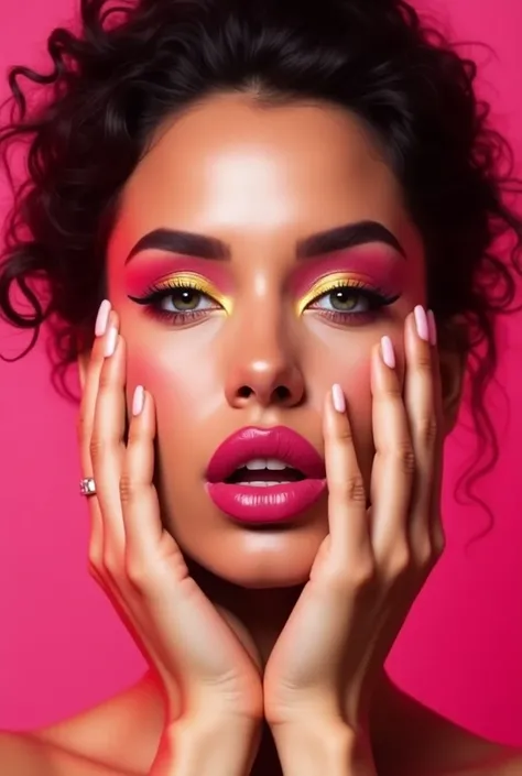 Womans Face - The center of the image shows a beautiful womans face.Colorful Makeup - The woman is wearing pink and yellow eye shadow makeup, which emphasizes her eyes.Dark Pink Lips - The womans lips are painted a deep pink color, giving her a sexy look.C...