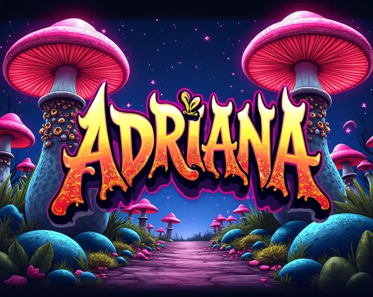 Hello, Can you make me a graffiti with the name "Adriana" that has a gangsta style that has jewelry and rings? ( psychedelic mushrooms background, Neon colors )