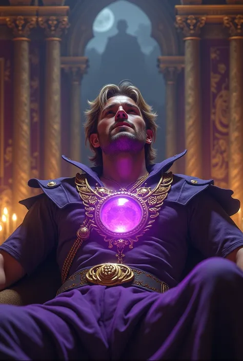 Can you create an image of a golden necklace with a purple gem at the centre glowing taking the soul of a male adventurer properly covered in a mighty palace bed room .