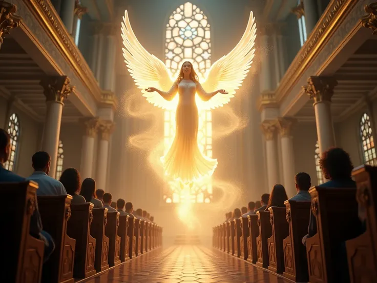 Generate a realistic image  :  A luminous and heavenly spirit descending into a church full of devotees,  symbolizing the presence of the Holy Spirit .
