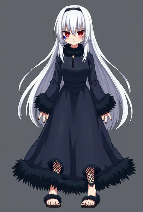 The character depicted in the image has a striking appearance with long, flowing, silver-white hair cascading down to their legs. Their outfit is dark blue, adorned with fur details on the cuffs, collar, and the bottom of their pants, giving a regal and my...