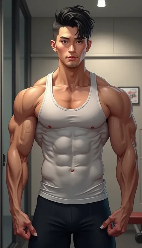 Asian mens gym wears a full tank top , musculous, Height 190 cm, Handsome face blemish, (Draw eye details), (hentail realism)