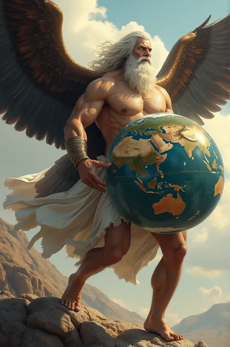 Image of Atlas carrying the world with eagles around them guarding their destiny, where atlases look very similar to that of the old Zeus with long, muscular hair and white beard. 