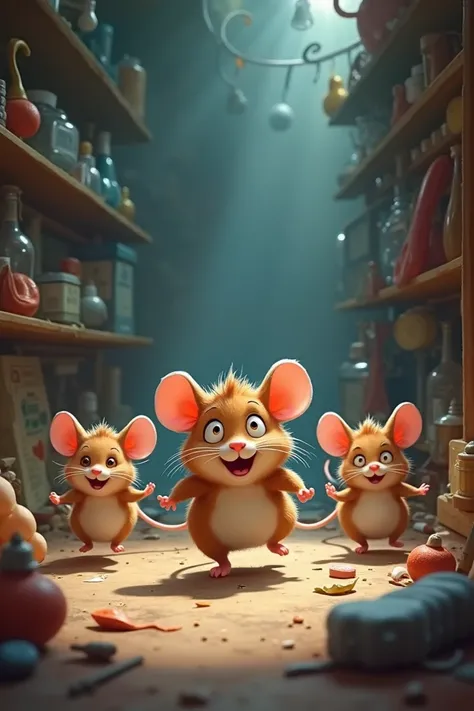 Three mice chasing a hamster
