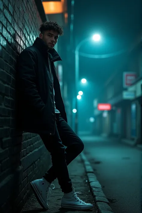 Cool photography style, night atmosphere, A young and handsome Sundanese man , short curls , wears a casual high-collar black parachute jacket, wears black jeans , white high Converse shoes , leaning against a black brick wall ,stare intently, in the illum...