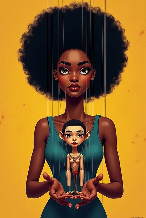 Create a half-bodied Afro woman looking straight ahead with her hands in the front open downwards, handling a puppet with strings