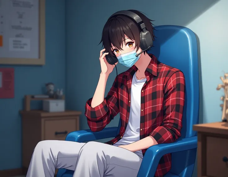  an 18-year-old anime student boy with dark brown hair and light brown eyes. White clothes under the red plaid blouse with the color mask and close over the mouth, A gamer headset in the ear is sitting in the bedroom on the blue plastic chair 
